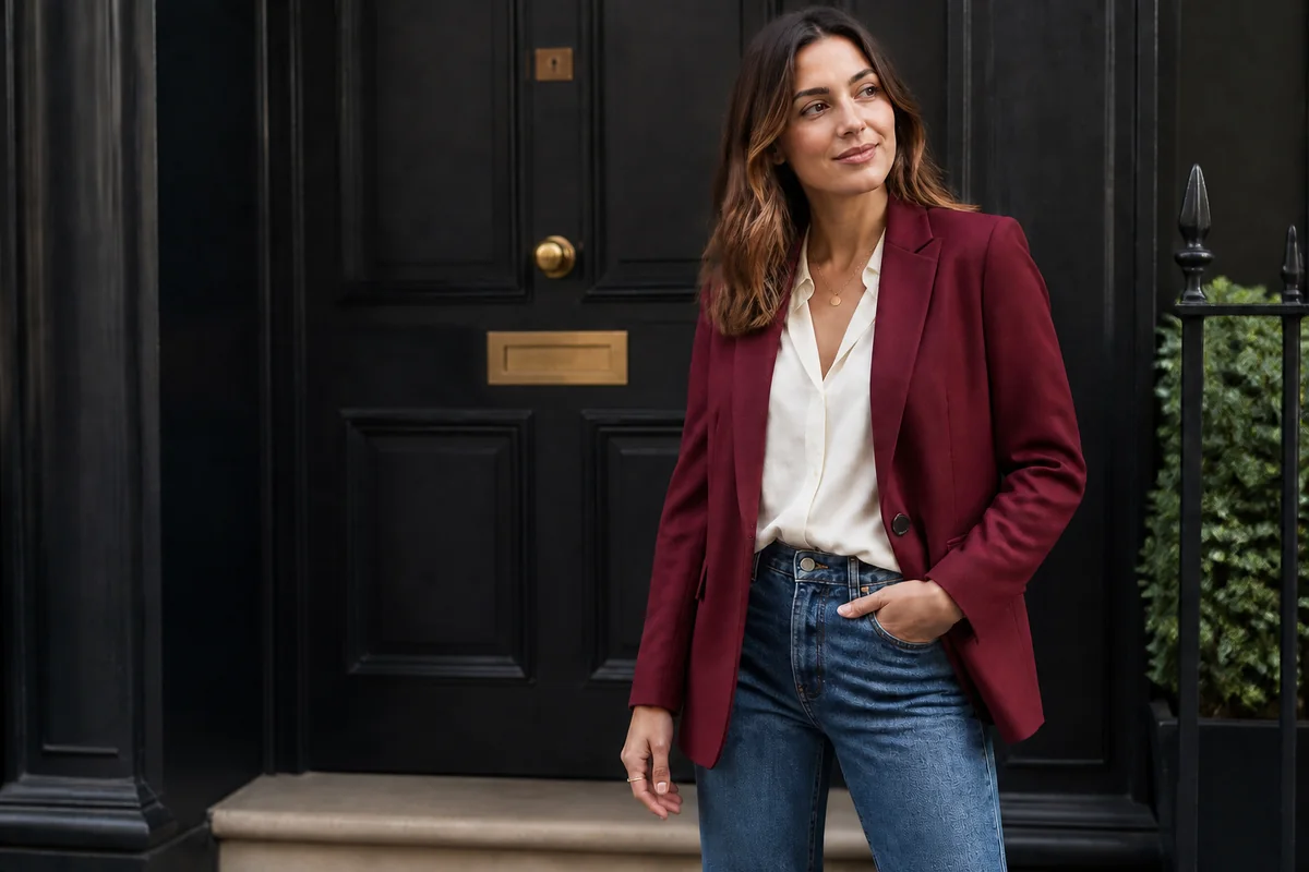 Woman wearing a burgundy blazer, ivory blouse and jeans