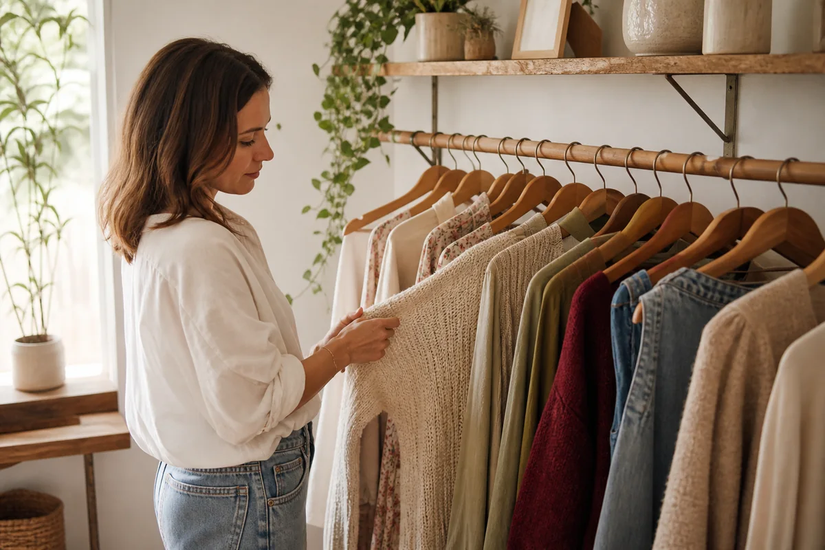 Woman browsing a curated rail of pre-loved clothing