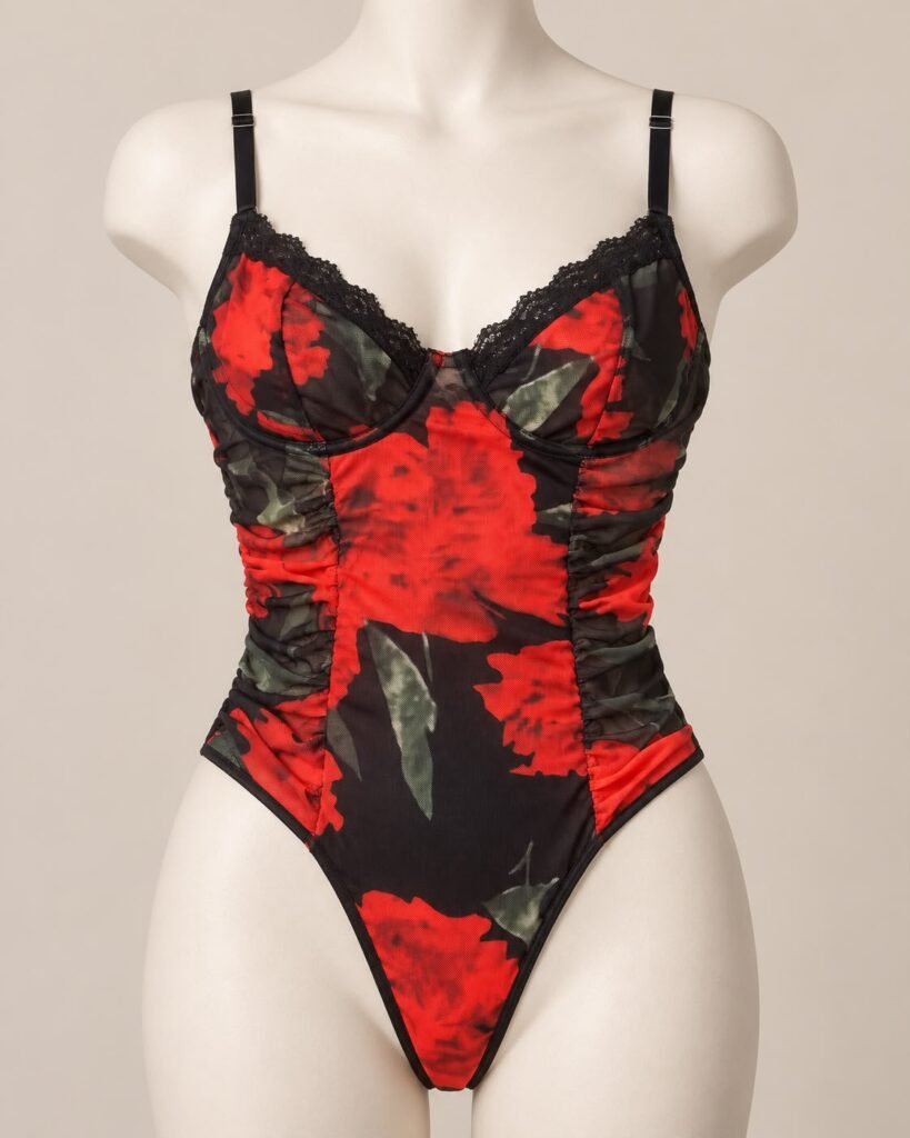 Front view of the red and black floral sculpting bodysuit with structured bust cups, lace trim and ruched sides.