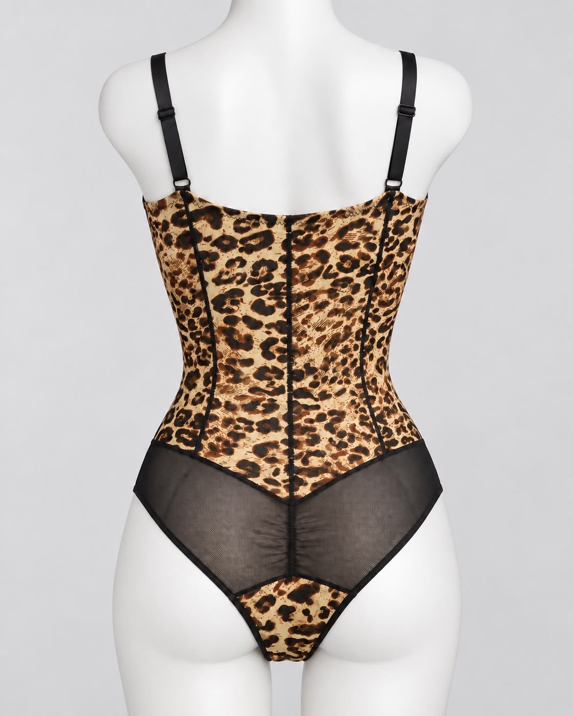 Back view of the Leopard Sculpting Shapewear Bodysuit with adjustable black straps, vertical seams and sheer lower panels