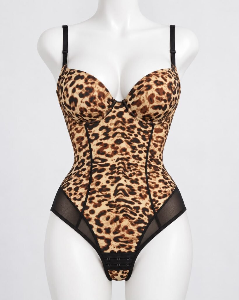 Front view of the Leopard Sculpting Shapewear Bodysuit with structured cups, black straps and sheer lower panels