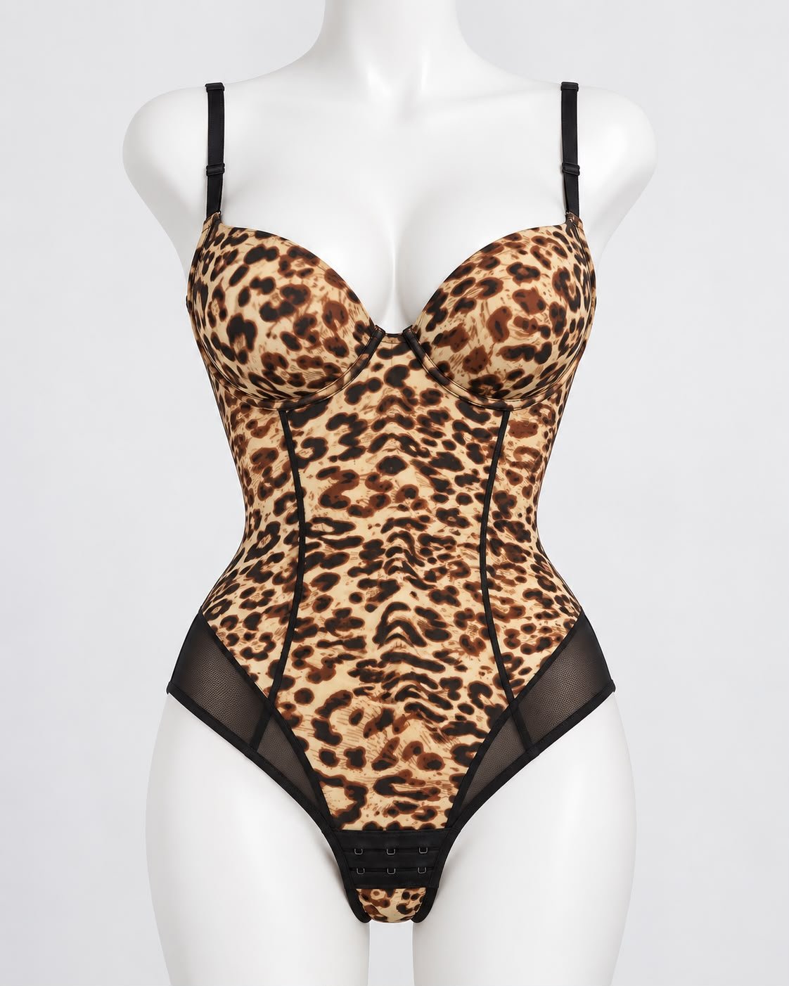 Front view of the Leopard Sculpting Shapewear Bodysuit with structured cups, black straps and sheer lower panels