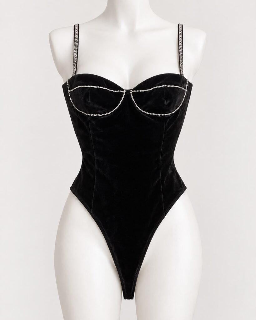 Front view of the Zara black velvet-effect bodysuit with rhinestone-trimmed cups, neckline and straps