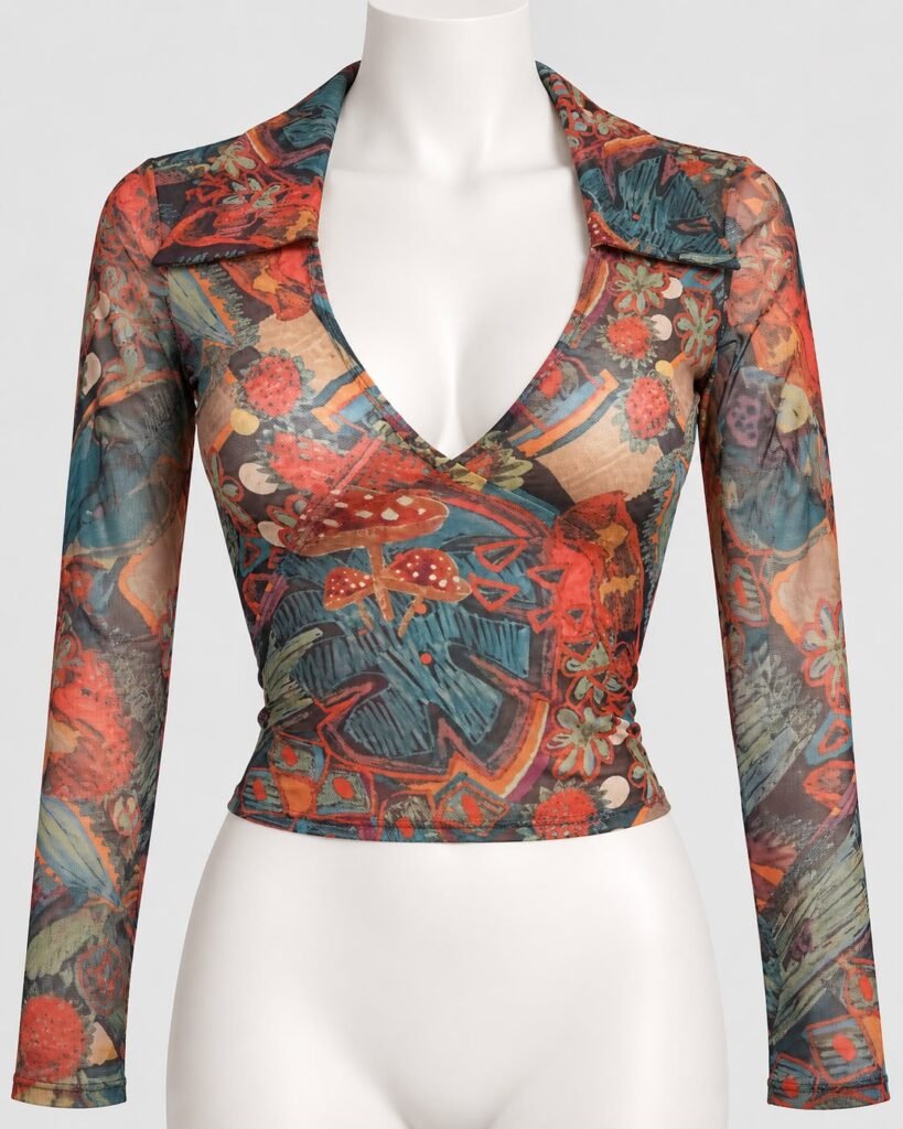 Front view of the Urban Outfitters abstract-print mesh cropped top with a wrap-style front, deep V-neckline, collar and long sleeves