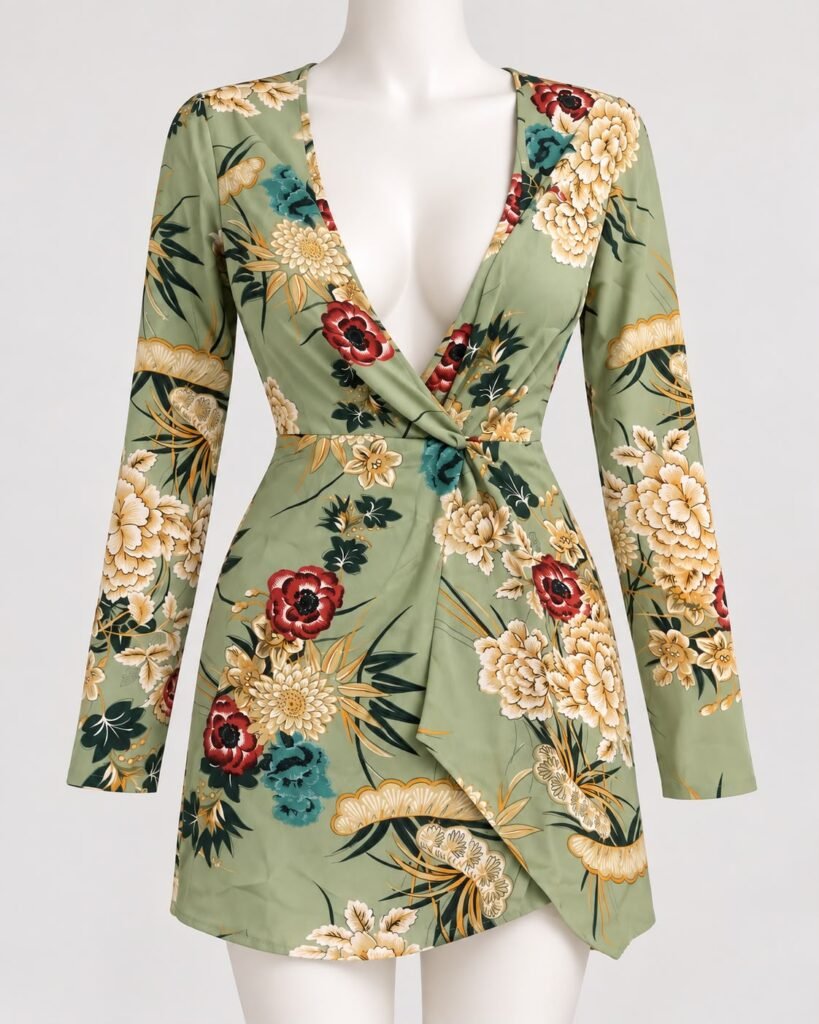 Front view of the PrettyLittleThing sage green floral wrap mini dress with a V-neckline, long sleeves and gathered waist detail