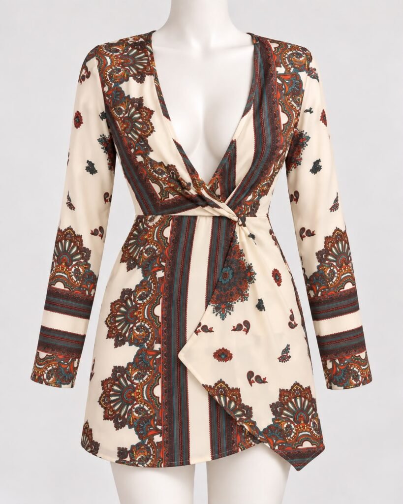Front view of the PrettyLittleThing ivory paisley wrap mini dress with a V-neckline, long sleeves and a defined waist