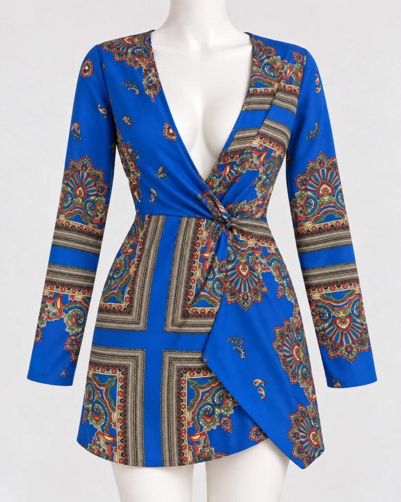 Front view of the PrettyLittleThing royal blue paisley wrap mini dress with a V-neckline, long sleeves and a defined waist
