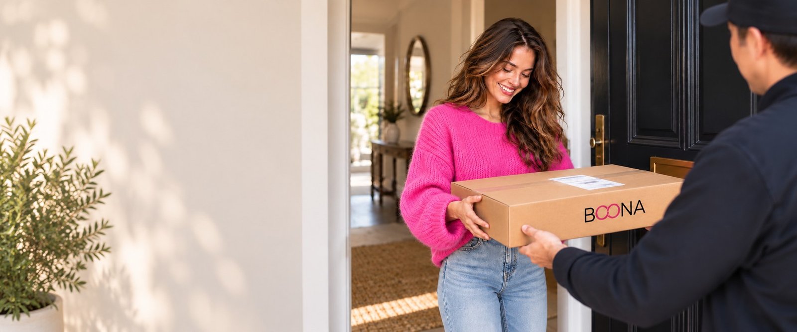 Woman receiving a BOONA parcel at her front door