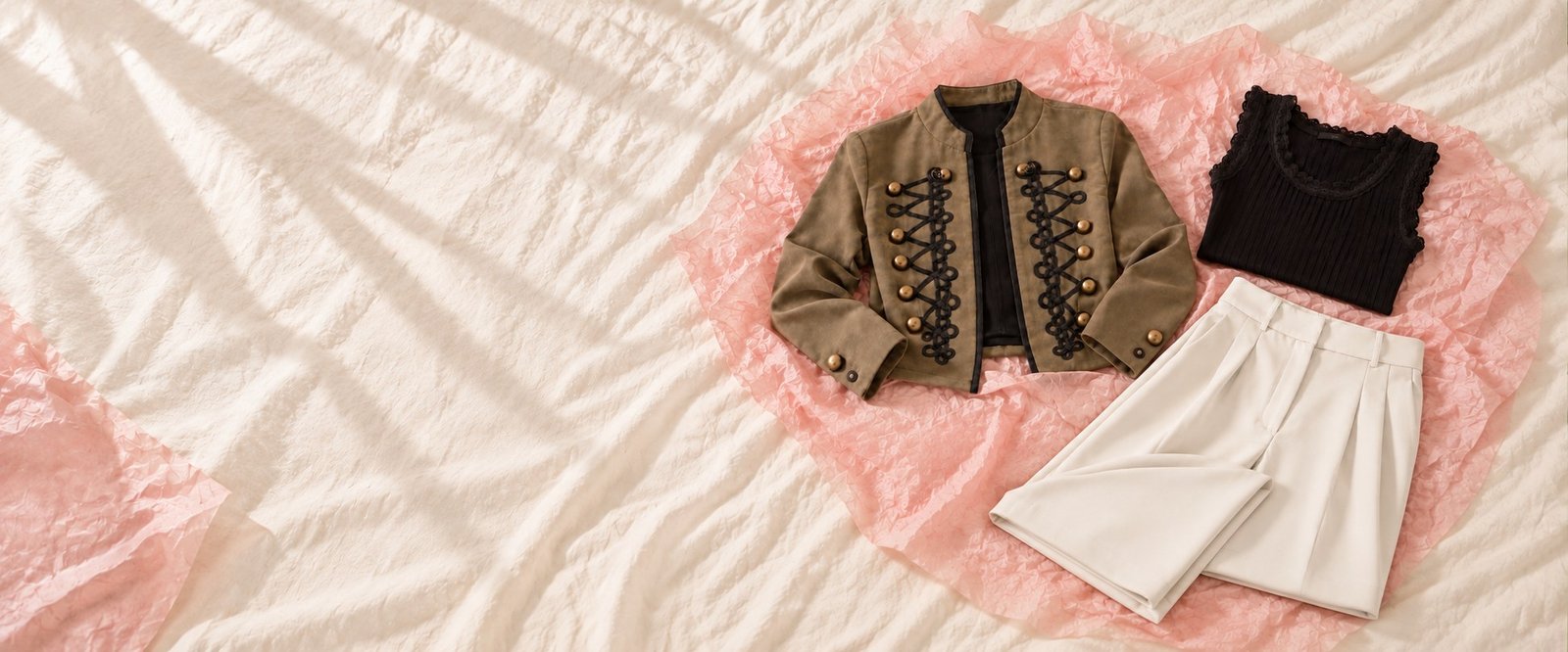 Olive jacket, black top and cream trousers arranged on pink tissue paper